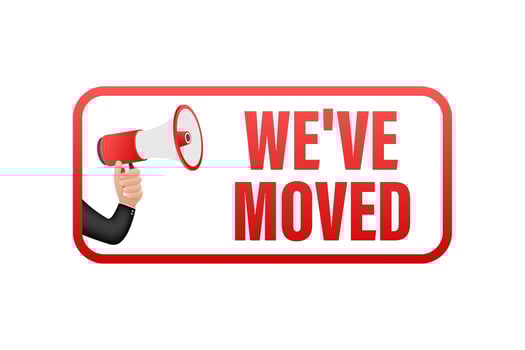 Megaphone label with we have moved. Megaphone banner. Web design. Vector stock illustration