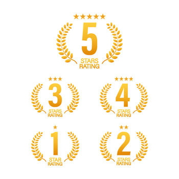 4 star rating. Badge with icons on white background. Vector illustration