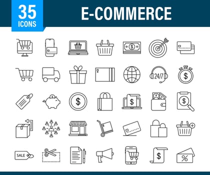 Shopping set icon for web design. E commerce. Discount coupon. Business icon. Price tag. Line vector. Vector stock illustration