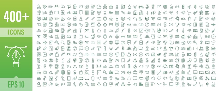 399 Line art set with icon set. Thin line. Social media, technology, seo, logistic, education, sport, medicine, travel, weather, construction, finance contact us music Vector stock illustration