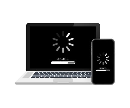 System software update, data update or synchronize with progress bar on the screen. Vector stock Illustration.