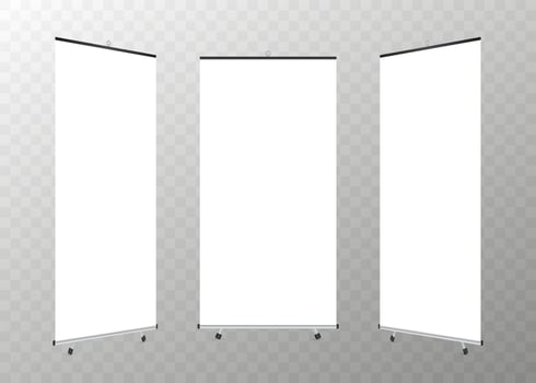 Blank roll up banner display. Roll up banner stand. Vector stock illustration