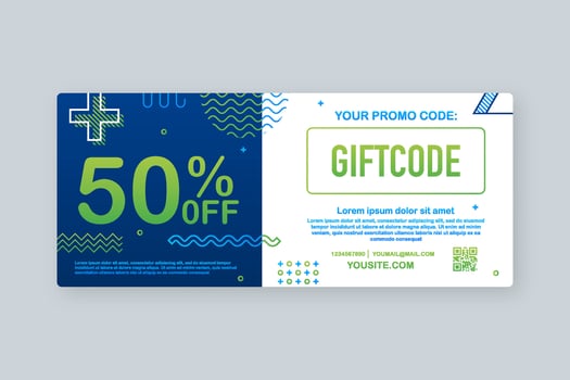 Promo code. Vector Gift Voucher with Coupon Code. Premium eGift Card Background for E commerce, Online Shopping. Marketing. Vector illustration