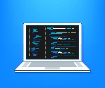 Vector laptop coding concept. Web developer, design, programming. Laptop screen code. Vector illustration