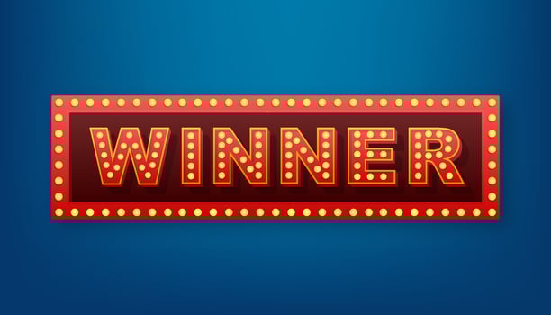 The winner retro banner with glowing lamps. Poker, cards, roulette and lottery. Vector stock illustration