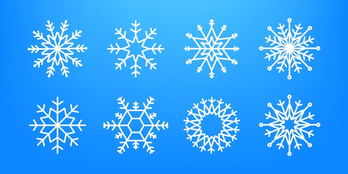Many white cold flake elements on transparent background. Heavy snowfall, snowflakes in different shapes and forms. Vector stock illustration