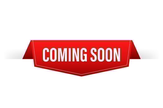 Red ribbon coming soon. Promotion banner coming soon. Vector stock illustration.