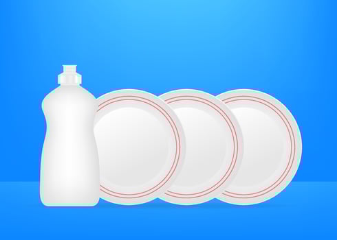 Dishwashing, washing dishes. Dishwashing liquid, dishes and yellow sponge. Vector stock illustration.