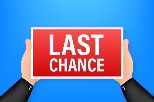 Last chance. Cartoon poster with hand holding placard for banner design. Banner, Billboard design. Vector stock illustration