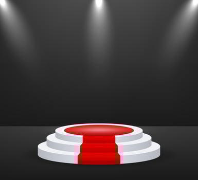 Stage for awards ceremony. Podium with red carpet. Pedestal. Spotlight. Vector illustration