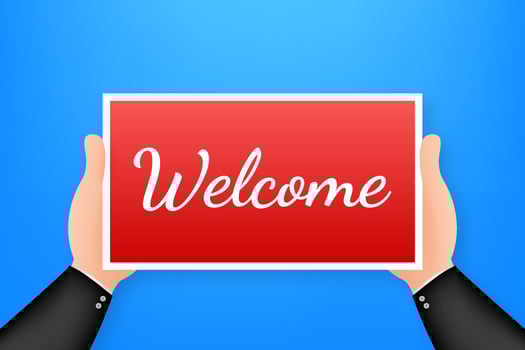Cartoon poster on welcome text with hand holding placard for banner design. Banner, Billboard design. Vector stock illustration