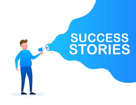 Hand Holding Megaphone with Success stories. Vector stock illustration
