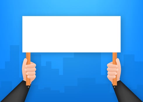 Cartoon poster with hand holding placard for banner design. Banner, Billboard design. Vector stock illustration