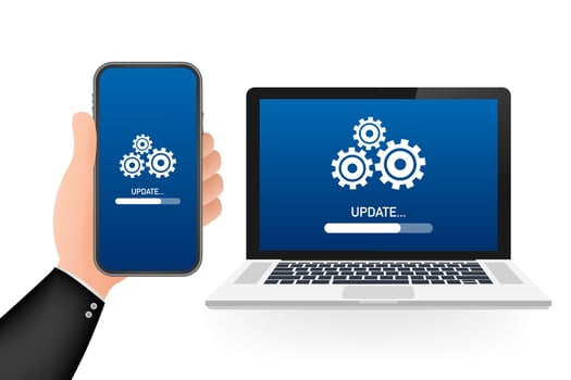 System software update, data update or synchronize with progress bar on the screen. Vector Illustration.