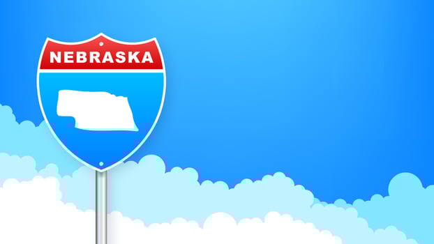 Nebraska map on road sign. Welcome to State of Nebraska. Vector illustration