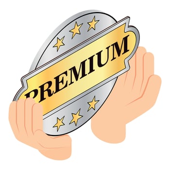 Premium sign icon isometric vector. Gold premium quality sign in human hand icon vector