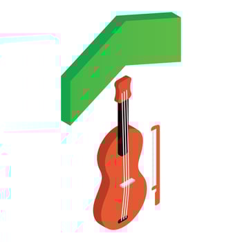 Musical concept icon isometric vector. Wooden violin with bow and green arrow up vector