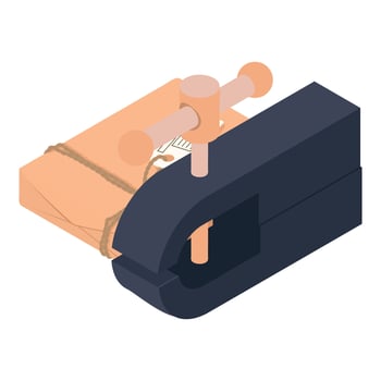 Locksmith equipment icon isometric vector. Black metal bench vise and postal box vector