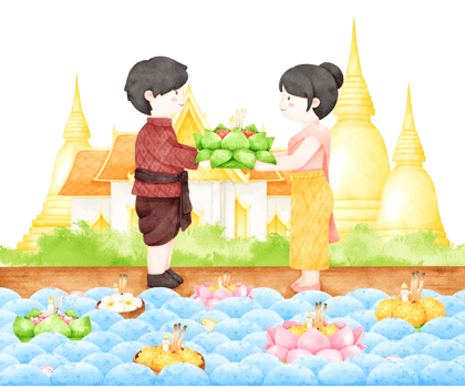 loy krathong festival and couple in traditional costume png