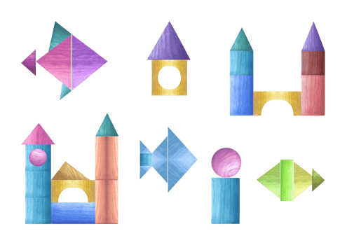Set of watercolor wooden blocks. Geometric puzzles. Colorful fish swimming among the high towers. Eco-friendly material. For the design of children holiday png