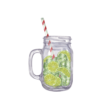 Mojito cocktail instructions. Mason Jar with lime, ice cubes, mint and straw. Watercolor illustration of refreshing beverage. For menu, cocktail party png
