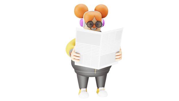 3D Illustration. Calm Woman 3D cartoon character. Women is reading a newspaper. The adorable woman listens to music and spends her time reading news in the newspaper. 3D cartoon character png