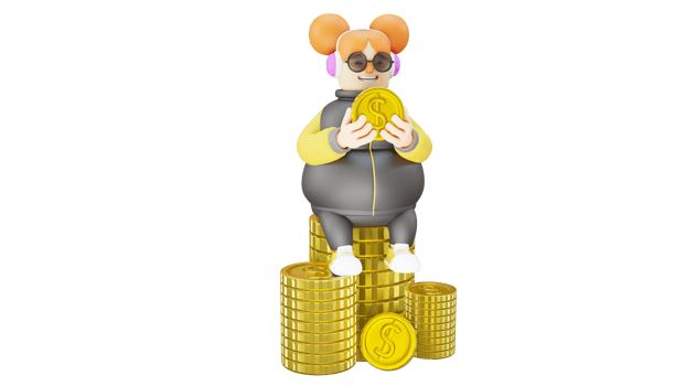 3D Illustration. Rich Women 3D cartoon character. Woman is sitting on a gold coins pile. Successfully busineswoman held a gold coin and showed his happy expressions. 3D cartoon character png