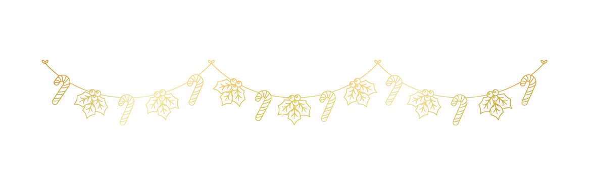 Gold Christmas Mistletoe and Candy Cane Garland Outline Doodle Vector Illustration, Christmas Festive Winter Holiday Season Bunting