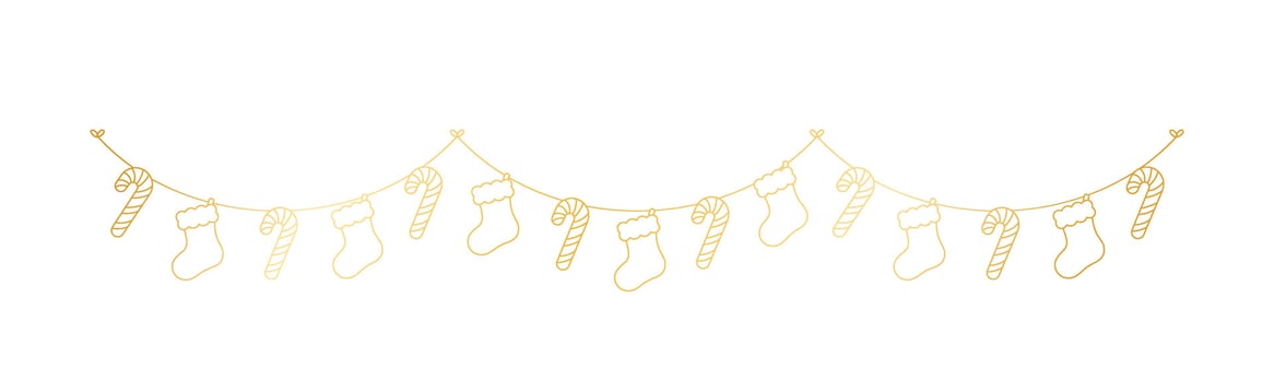 Gold Christmas Stocking and Candy Cane Garland Vector Illustration, Christmas Graphics Festive Winter Holiday Season Bunting
