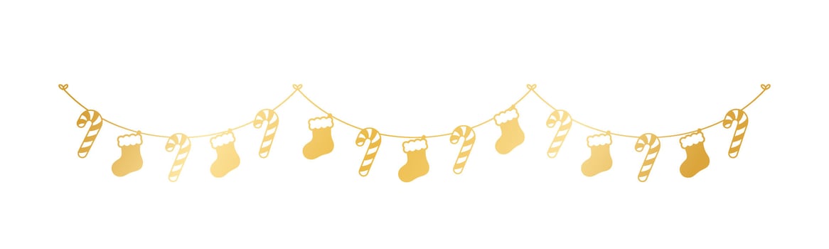 Gold Christmas Stocking and Candy Cane Garland Vector Illustration, Christmas Graphics Festive Winter Holiday Season Bunting