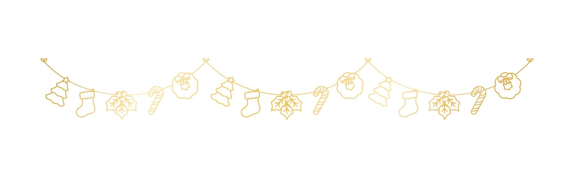 Gold Christmas Garland Outline Doodle Vector Illustration, Christmas Graphics for Kids, Festive Winter Holiday Season Bunting