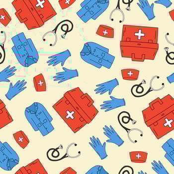 Seamless pattern with the image of a medical gown, a nurse hat, a stethoscope and a medical suitcase on a yellow background vector