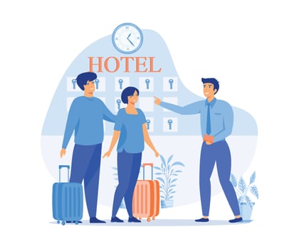 receptionist giving key from room. Hotel scene with couple checking in. Man and woman at reception counter with luggage, flat vector modern illustration