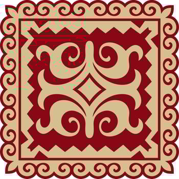 Vector red with gold Square Kazakh national ornament. Ethnic pattern of the peoples of the Great Steppe, Mongols, Kyrgyz, Kalmyks, Buryats
