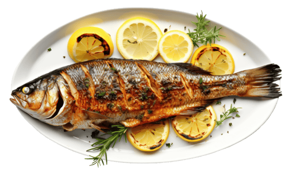 Grilled fish with lemon png