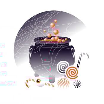 A witch's pot with poison and candy nearby under a web. Halloween postcard, poster, postcard. Gradient style. Vector illustration