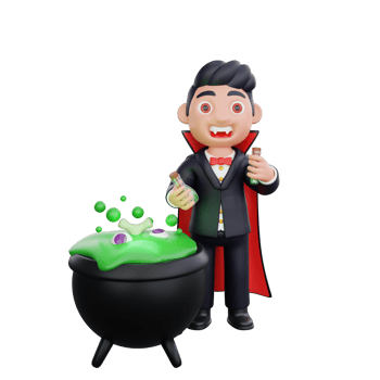 3d cute Vampire making potion in cauldron halloween design png