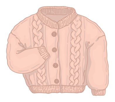 Doodle of knitted cardigan. Cartoon clipart of cold season clothes. Vector illustration isolated on white background.