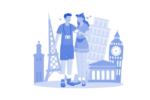 A couple takes photos at beautiful tourist spots vector