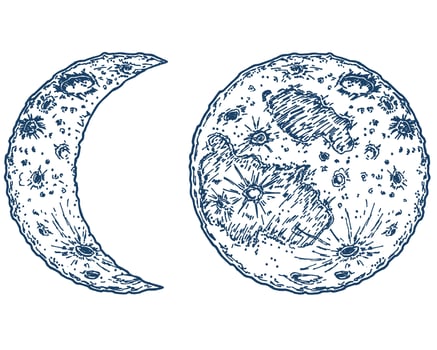 Mystical lunar sketch logo icon. For cosmetics, beauty, tattoo, spa, manicure, jewelry store. Moon and crescent in vintage hand drawn style. Boho style tattoo design. Mystical drawing. vector