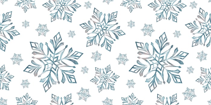 Watercolor hand drawn seamless pattern with blue, teal and rose colored snowflakes. Christmas New Year snow design for holiday greeting cards, print, textile, sale, web, design and wrapping paper. vector