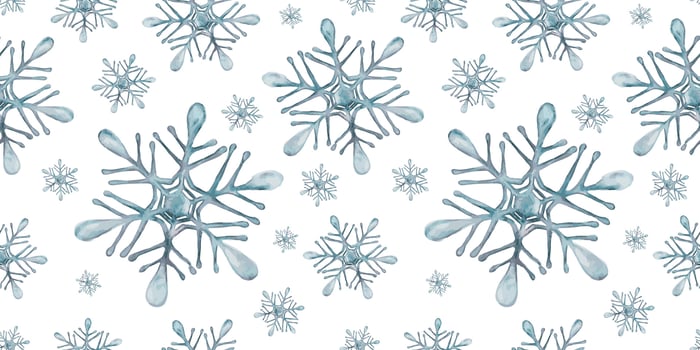 Watercolor hand drawn seamless pattern with blue, teal and rose colored snowflakes. Christmas New Year snow design for holiday greeting cards, print, textile, sale, web, design and wrapping paper. vector
