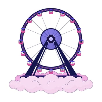Ferris wheel above clouds 2D linear illustration concept. Park amusement cloudscape cartoon object isolated on white. Funfair ride on heaven sky metaphor abstract flat vector outline graphic