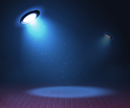 Scene with wooden floor illuminated by a bright spotlight on a dark blue background. vector