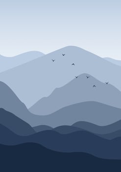 Aesthetic minimalist blue mountains with flying birds landscape poster vector