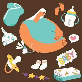 Pregnancy woman and baby supplies. Motherhood vector