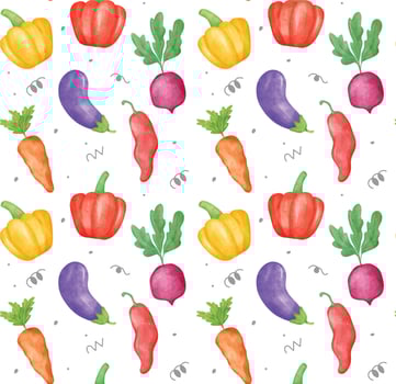 Colorful Organic Vegetable Illustration texture Watercolor Seamless Pattern Background. illustration is ideal for menus, wallpaper, and culinary themed projects. vector
