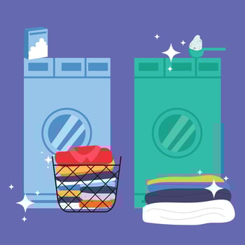 Vector flat illustration of laundry piled up in basket, dirty clothes, housework. house washing
