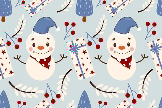 Christmas seamless pattern on blue background.seamless pattern of snowman,berries,gift,leaf.cartoon character hand drawn vector illustration.merry Christmas concept.design for texture,fabric,clothing.