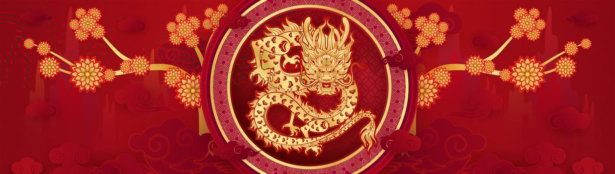Happy Chinese New Year 2024. Dragon gold and flower cloud on red mountain background for festival banner design. China lunar calendar animal zodiac. Vector EPS10.